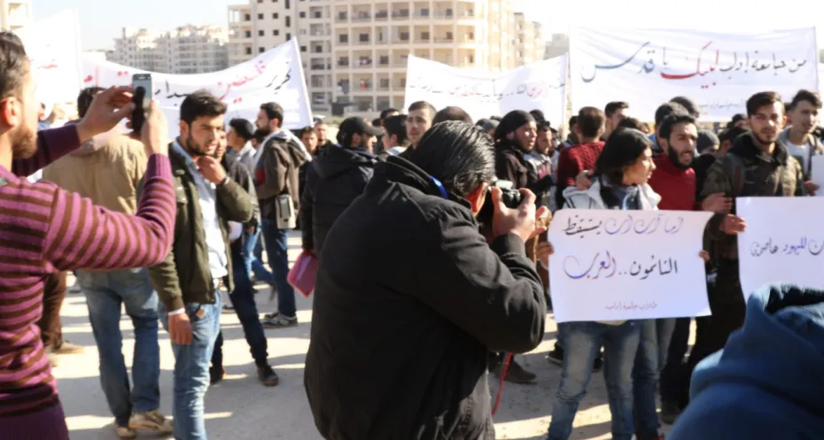 Abdel Ghani Erian during the filming of a demonstration in the city of Idlib.