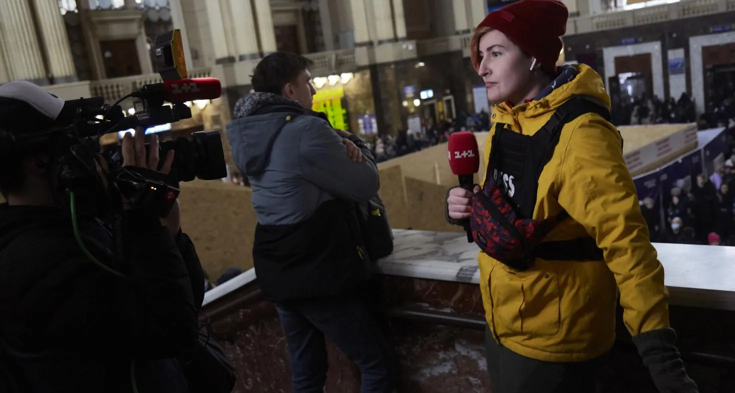 Journalist at work in Kyiv, Ukraine, after the Russian invasion.